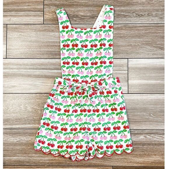 NEW! Mini Boden Tie Waist Cherry Print Scallop Romper Size 7-8Y - Picture 1 of 6